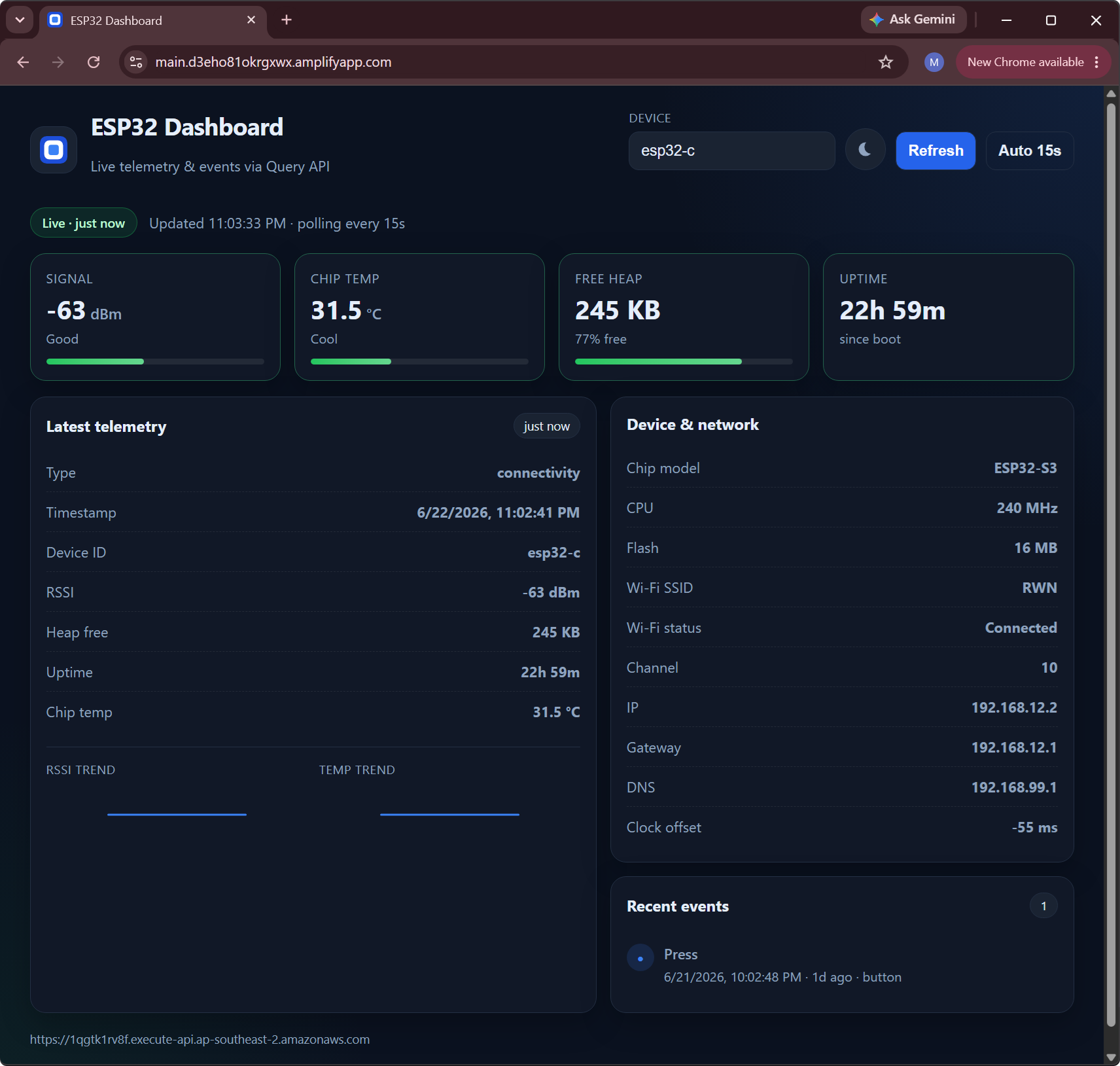 ESP32 dashboard on Amplify showing live telemetry cards, device and network details, and recent button events