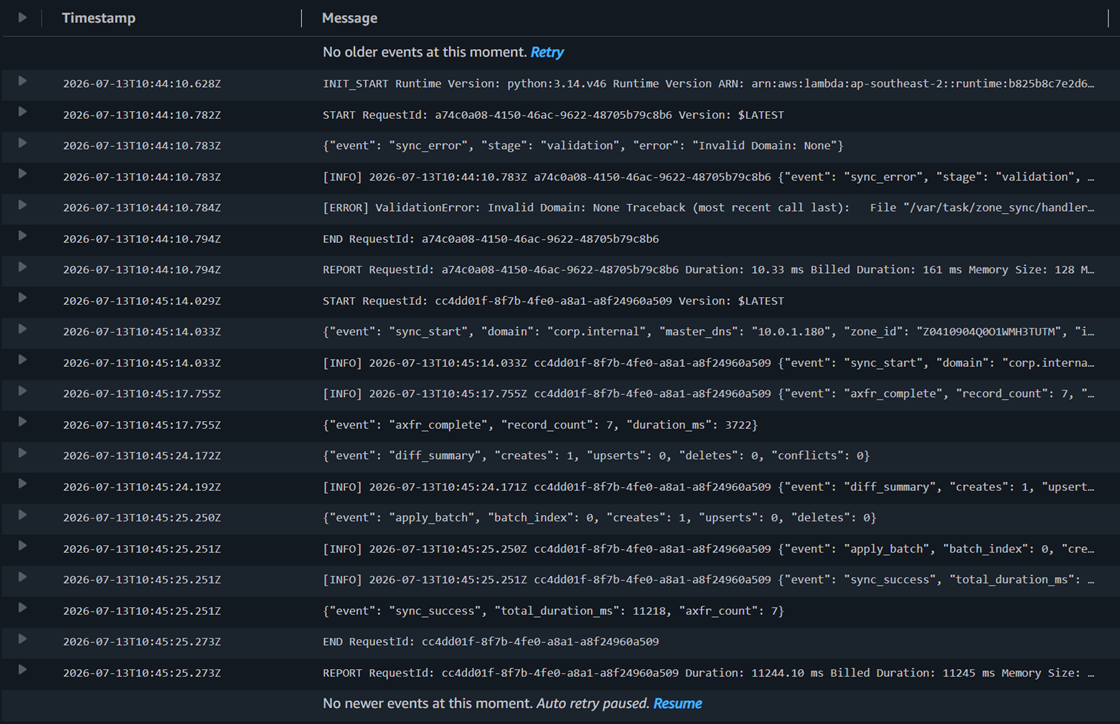 Lambda sync CloudWatch logs