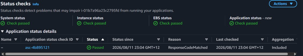 ASG instance Status checks: system, instance, EBS, and Application status passed; details Included and ResponseCodeMatched