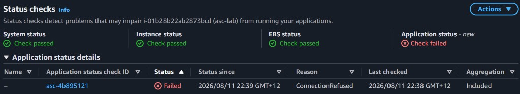 Status checks: system, instance, and EBS passed; Application status failed with ConnectionRefused after the health process was stopped