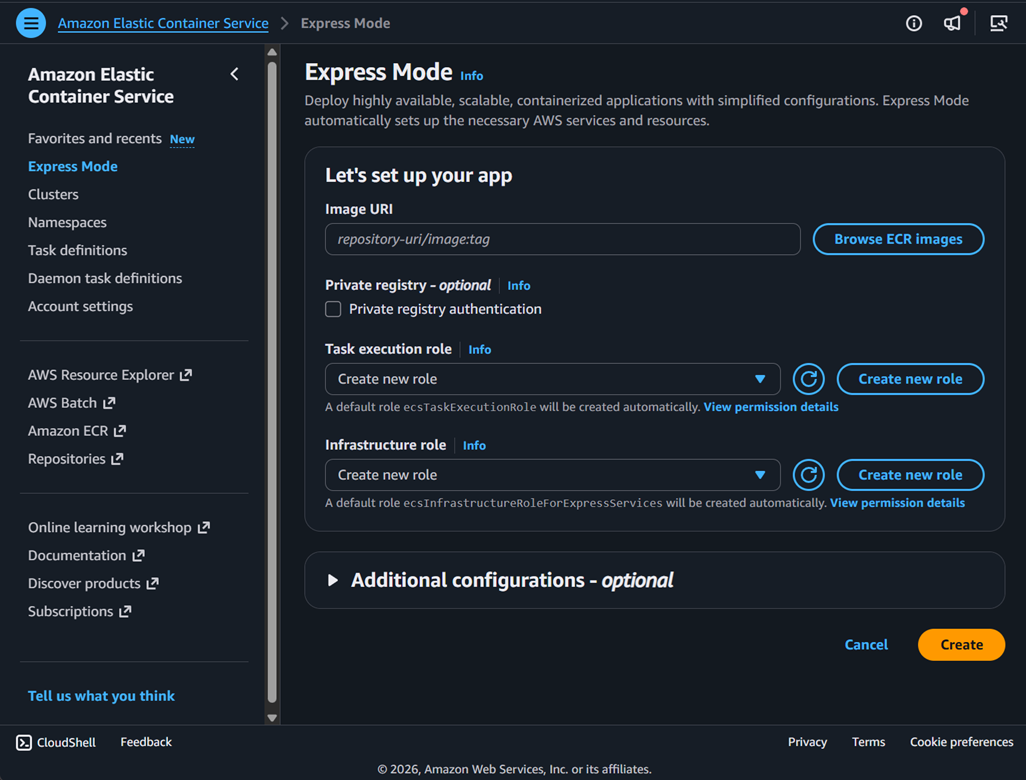 Express Mode create wizard in ECS console