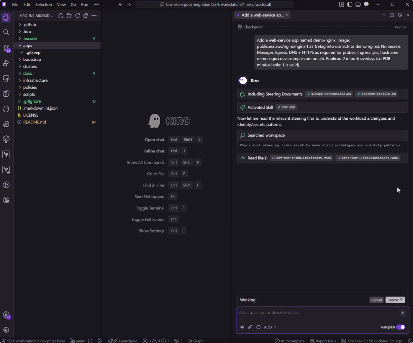 Kiro chat with the thin demo-nginx add-app prompt