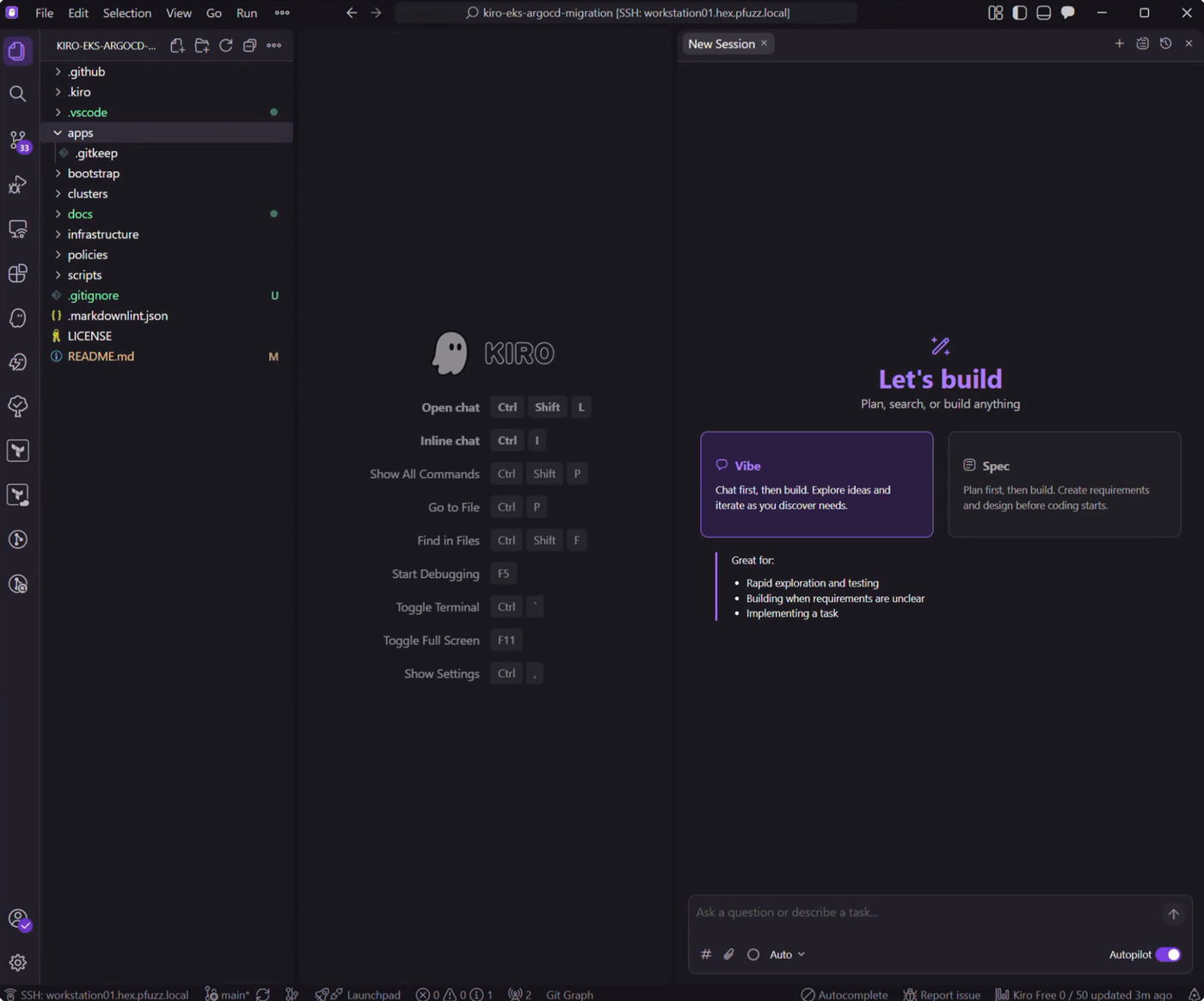 Kiro UI contrasting vibe Autopilot with structured Spec mode