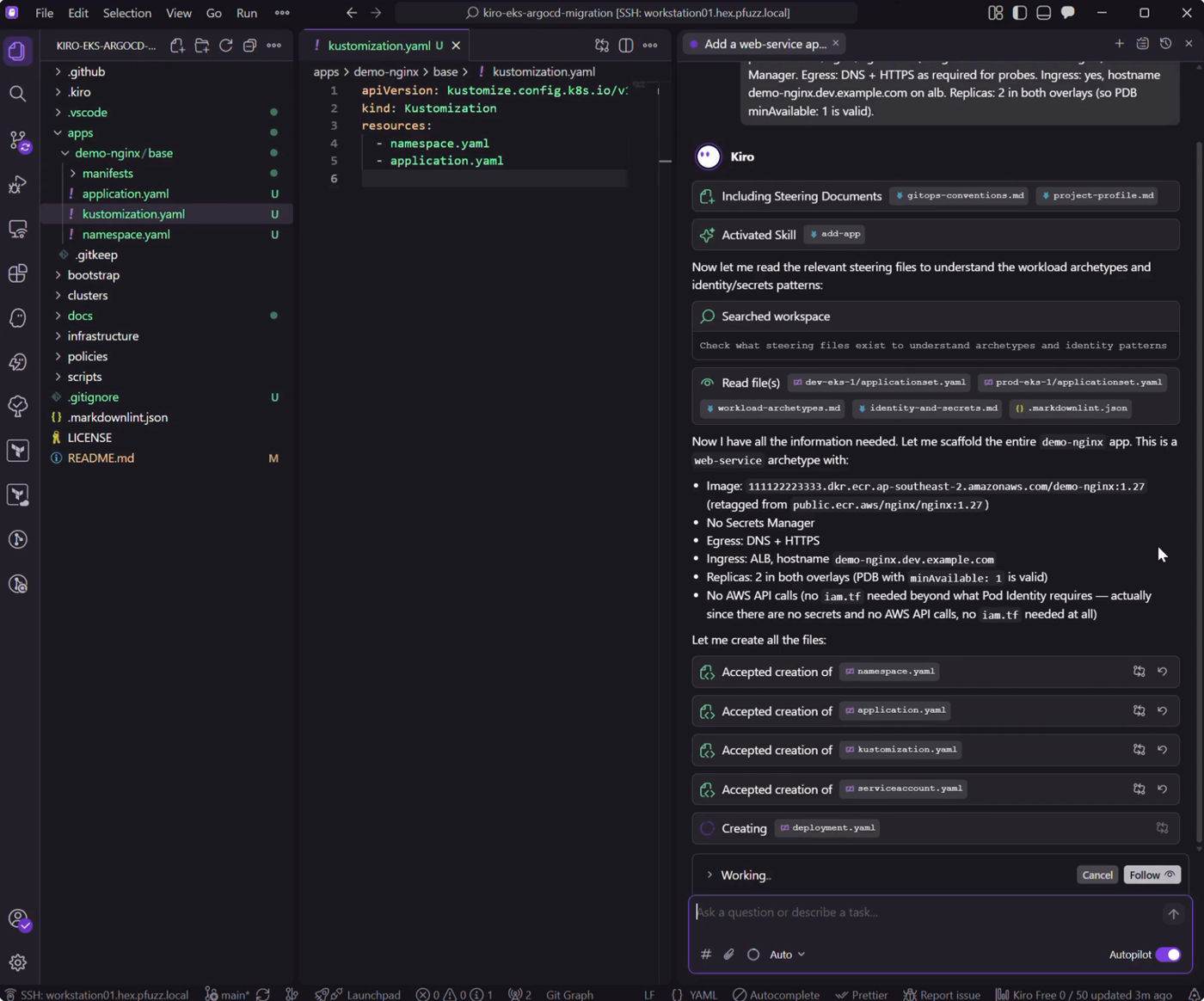 Kiro explorer and chat while scaffolding apps demo-nginx