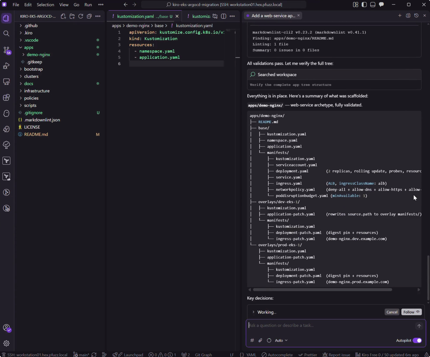 Kiro verification step running kustomize and markdownlint successfully