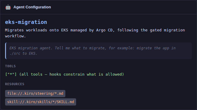 eks-migration agent JSON wiring steering and skills
