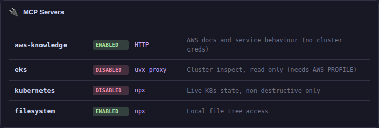 MCP server list with docs enabled and cluster adapters disabled