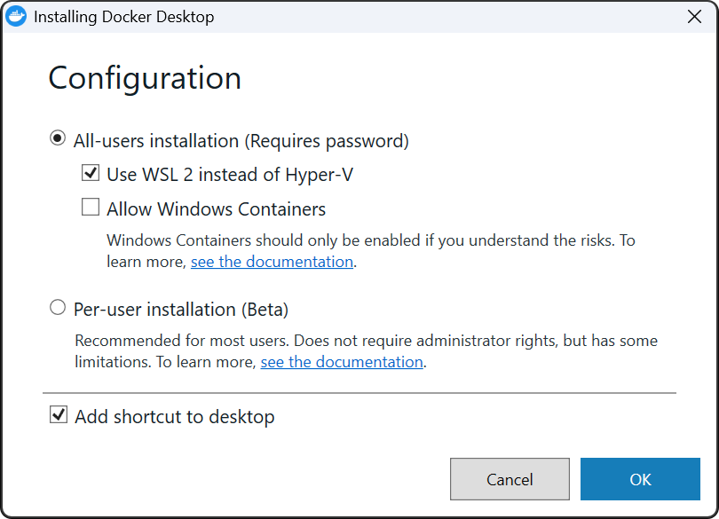 Docker Desktop installer configuration screen with Use WSL 2 checked and Windows Containers unchecked