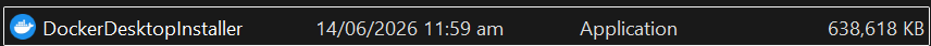 Docker Desktop installer downloaded successfully showing file name and size of approximately 620 to 640 MB