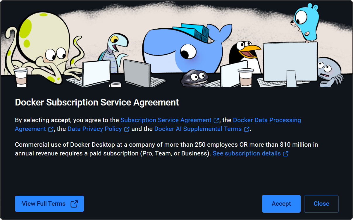 Docker Subscription Service Agreement dialog prompting user to click Accept to continue