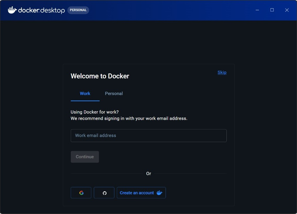 Docker Desktop welcome screen prompting user to sign in with option to skip