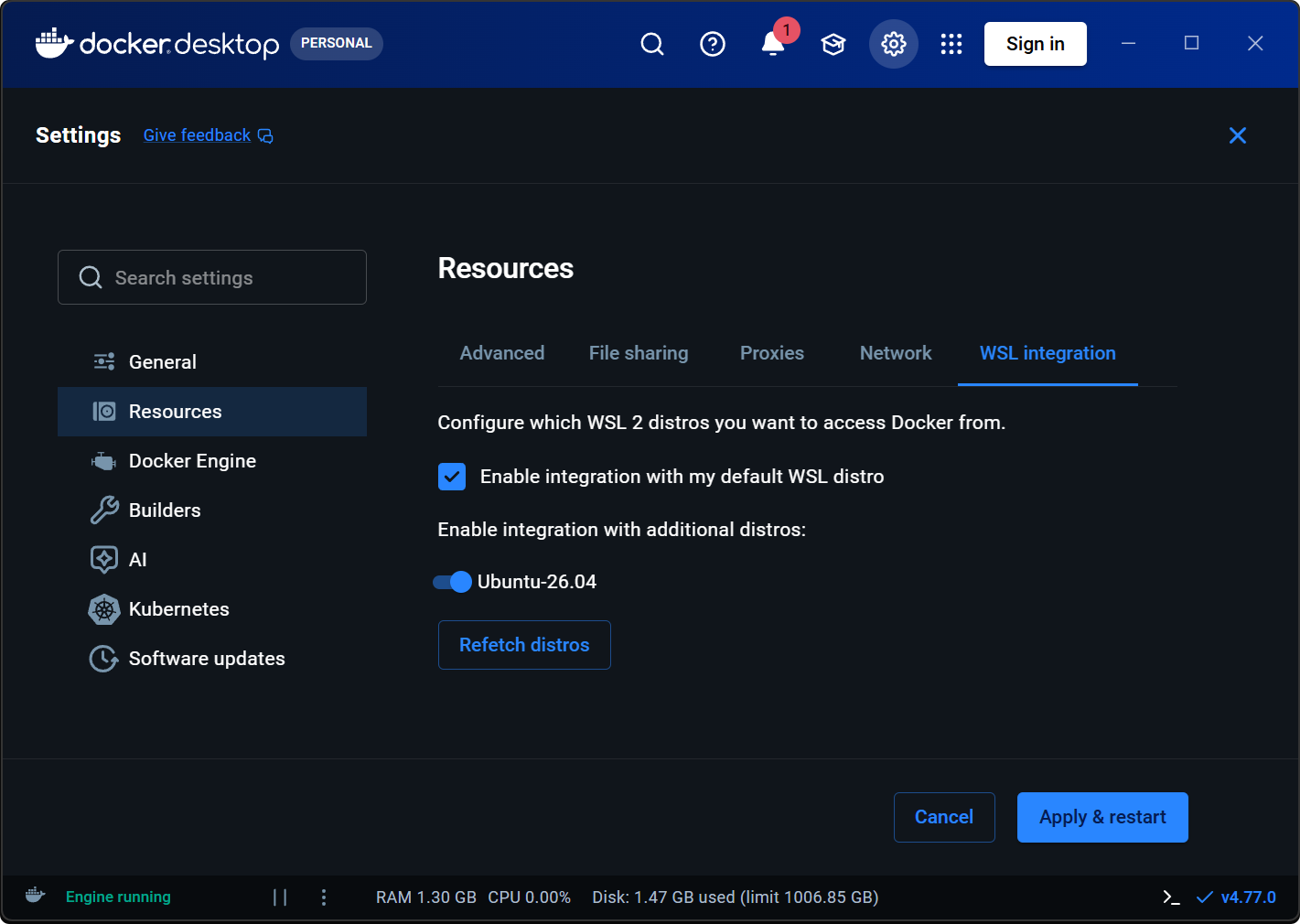 Docker Desktop WSL integration settings showing default WSL distro checked and Ubuntu-26.04 enabled