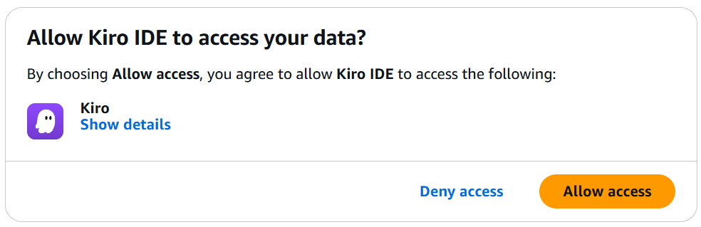 Kiro authorization prompt asking to allow Kiro IDE to access your data