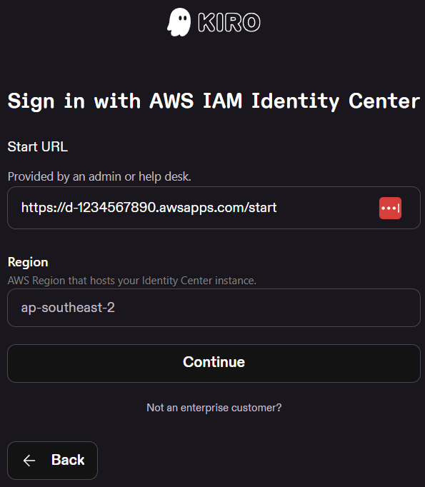 Kiro AWS IAM Identity Center sign-in form with Start URL and Region fields