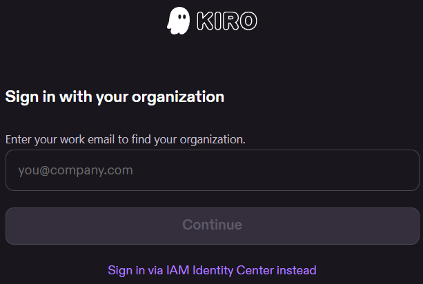 Kiro sign in with your organization screen showing Sign in via IAM Identity Center option