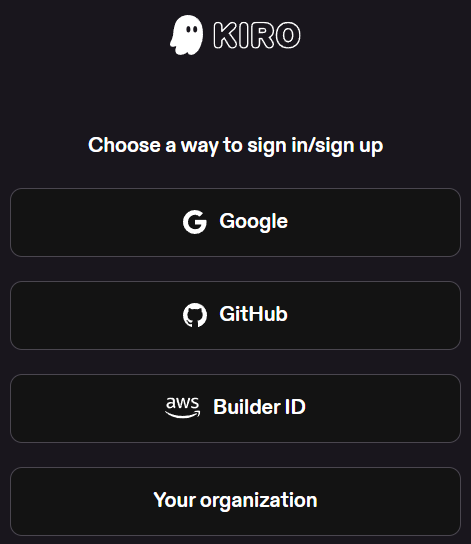 Kiro sign-in screen showing options for Google, GitHub, AWS Builder ID, and Your organization