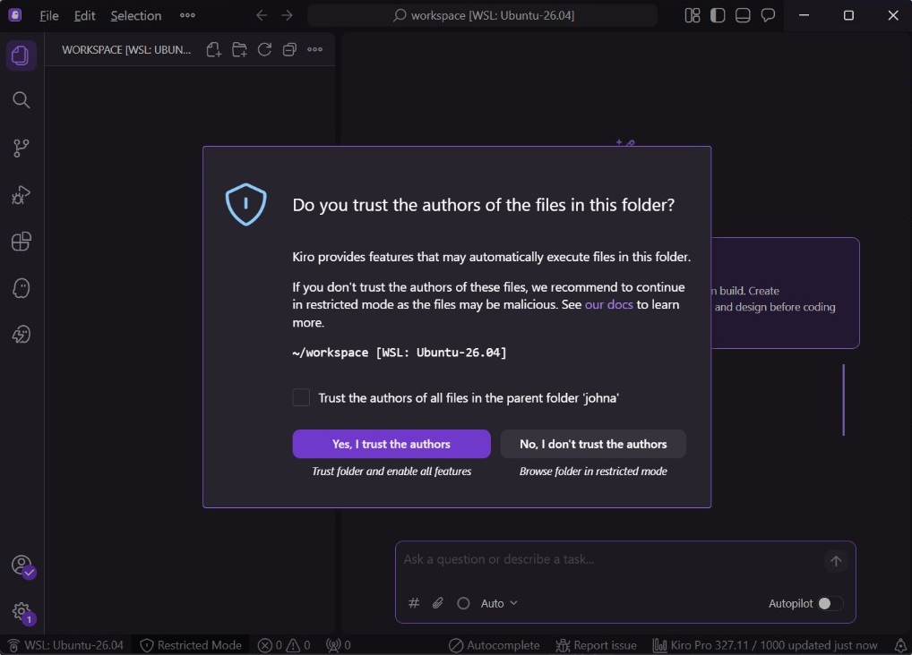 Kiro workspace trust dialog when opening a project folder