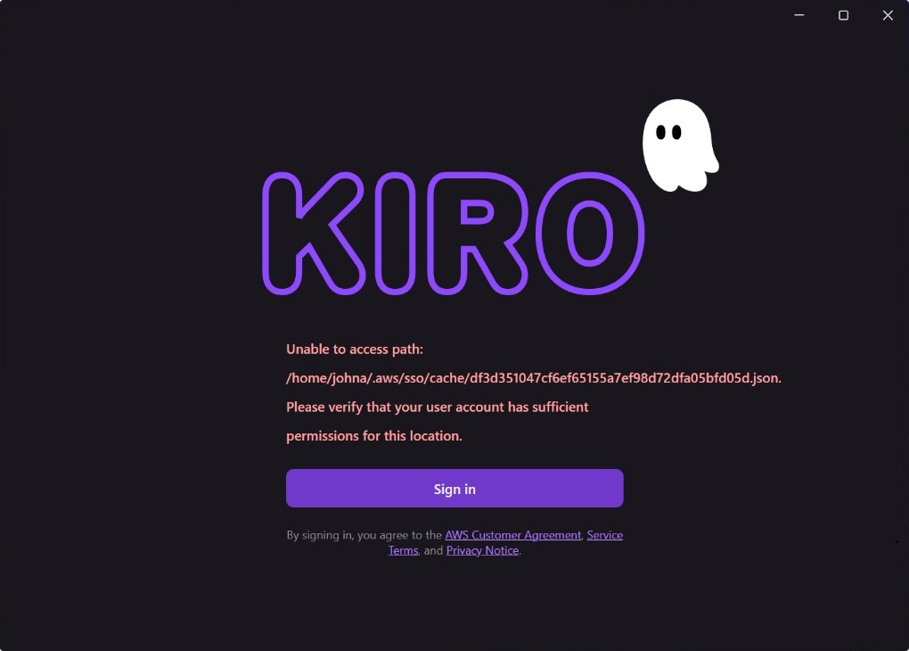 Kiro .aws/sso/cache permission error in WSL