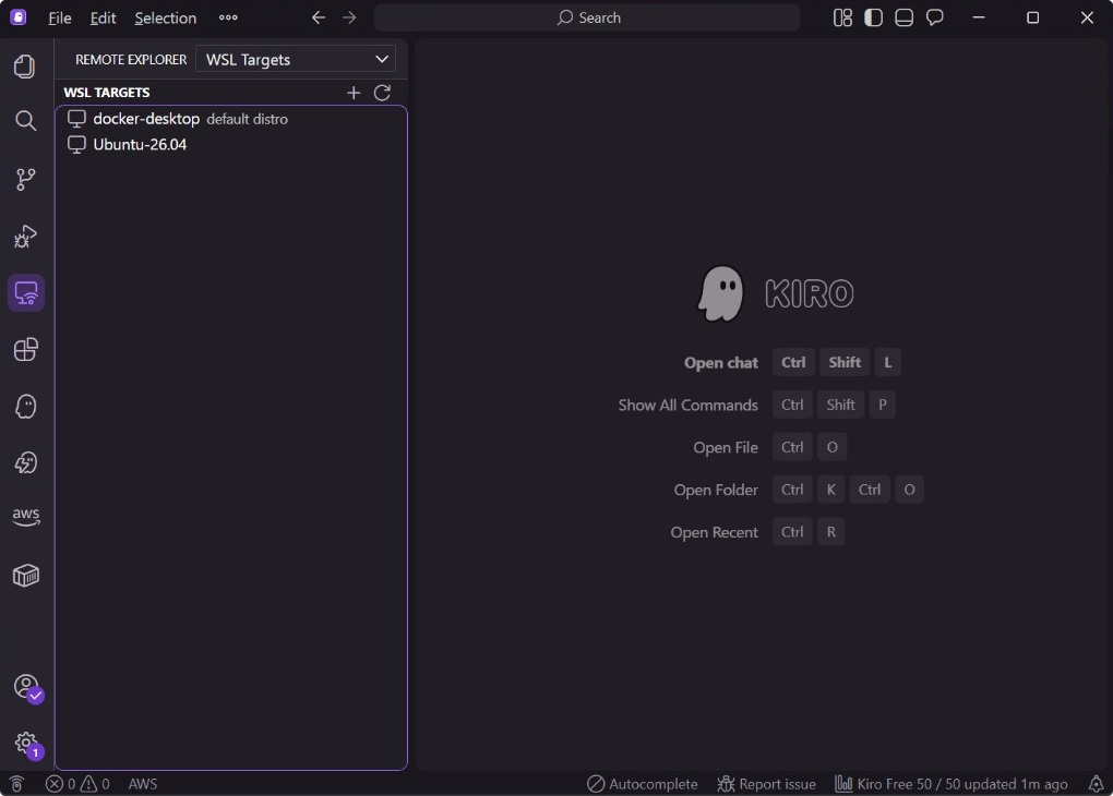 Kiro IDE showing WSL connection targets in Remote Explorer