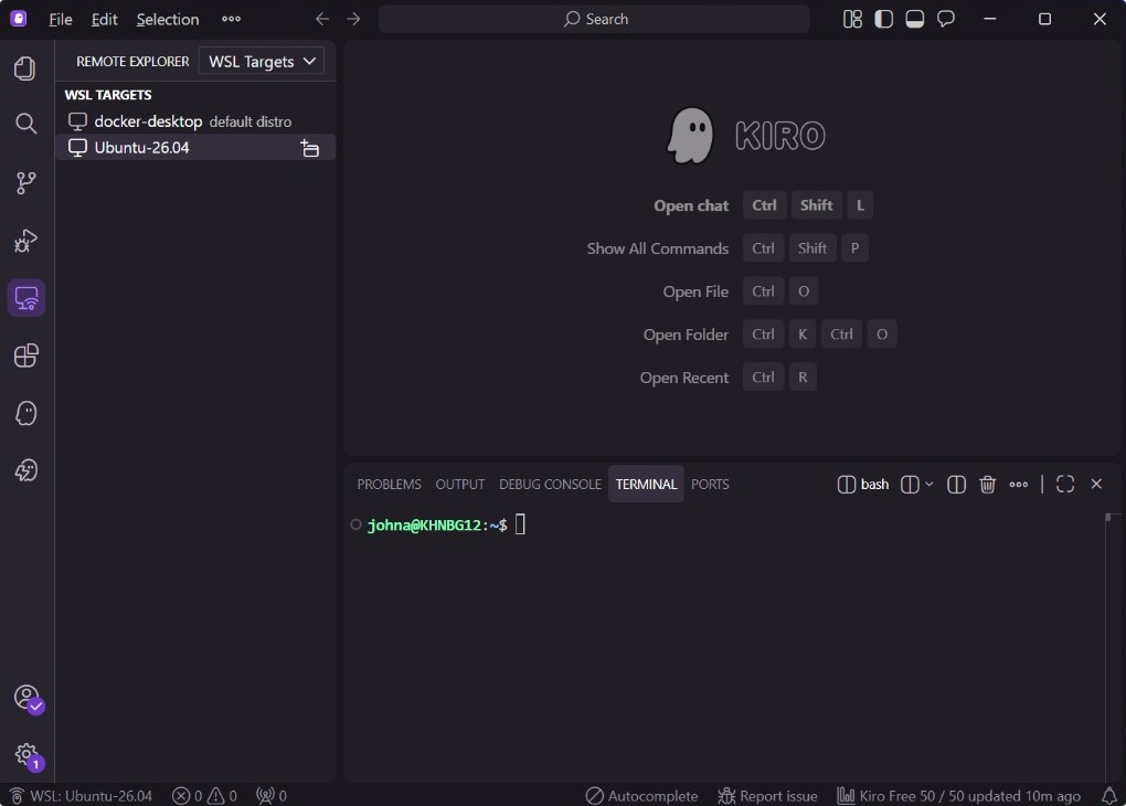 Kiro WSL terminal with integrated environment configured