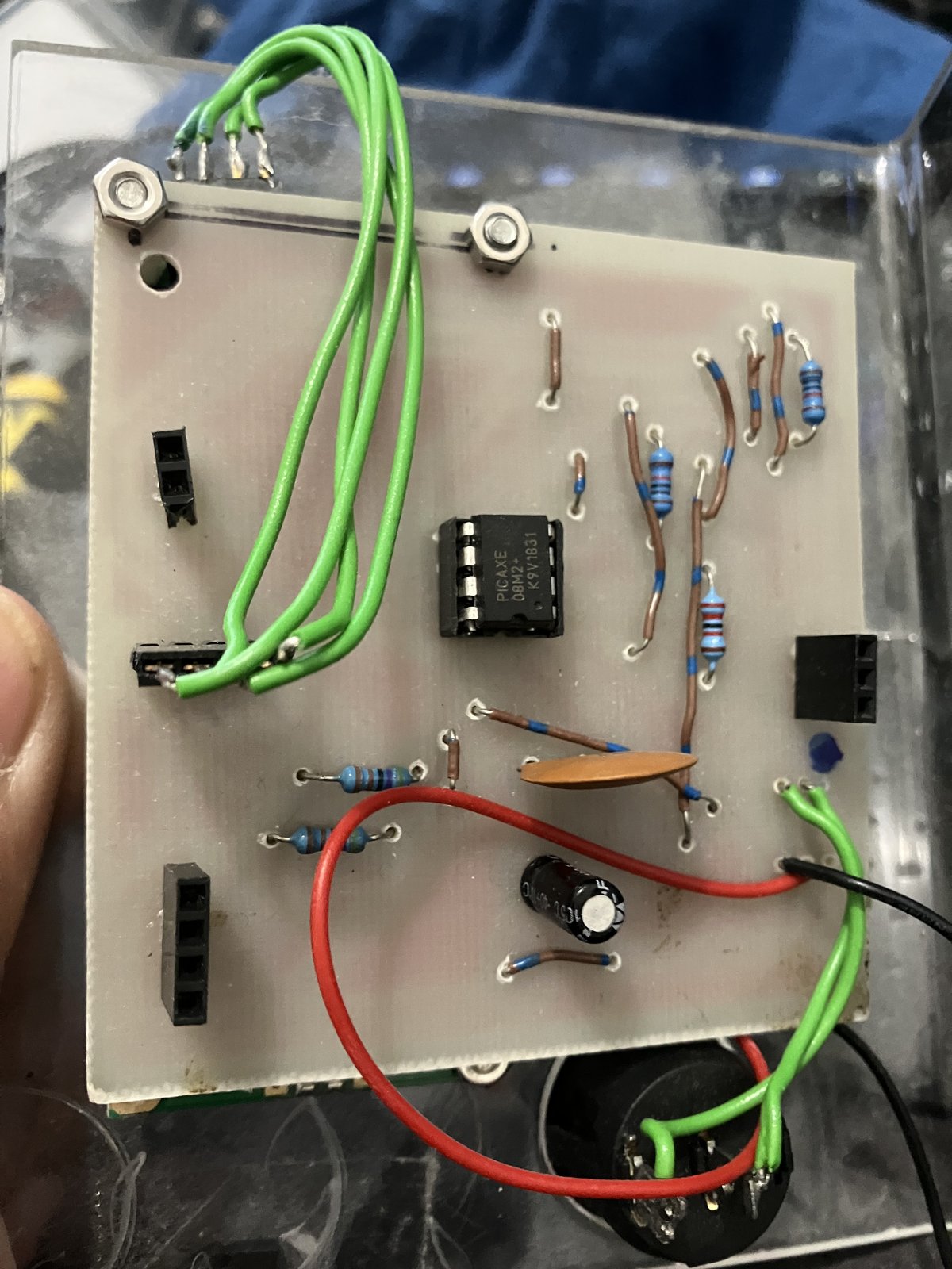 Back of the gifted unit: PICAXE 08M2 board with green jumper wires