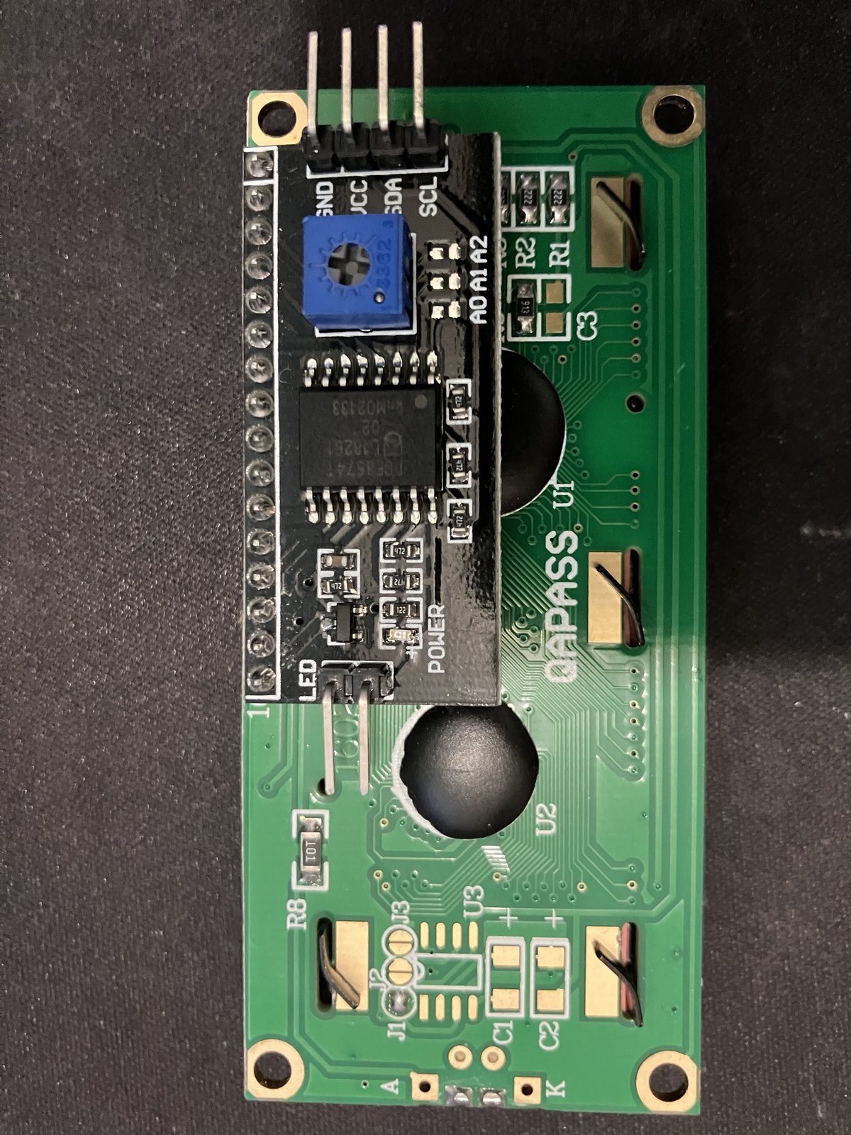 Back of the LCD with PCF8574 I2C backpack