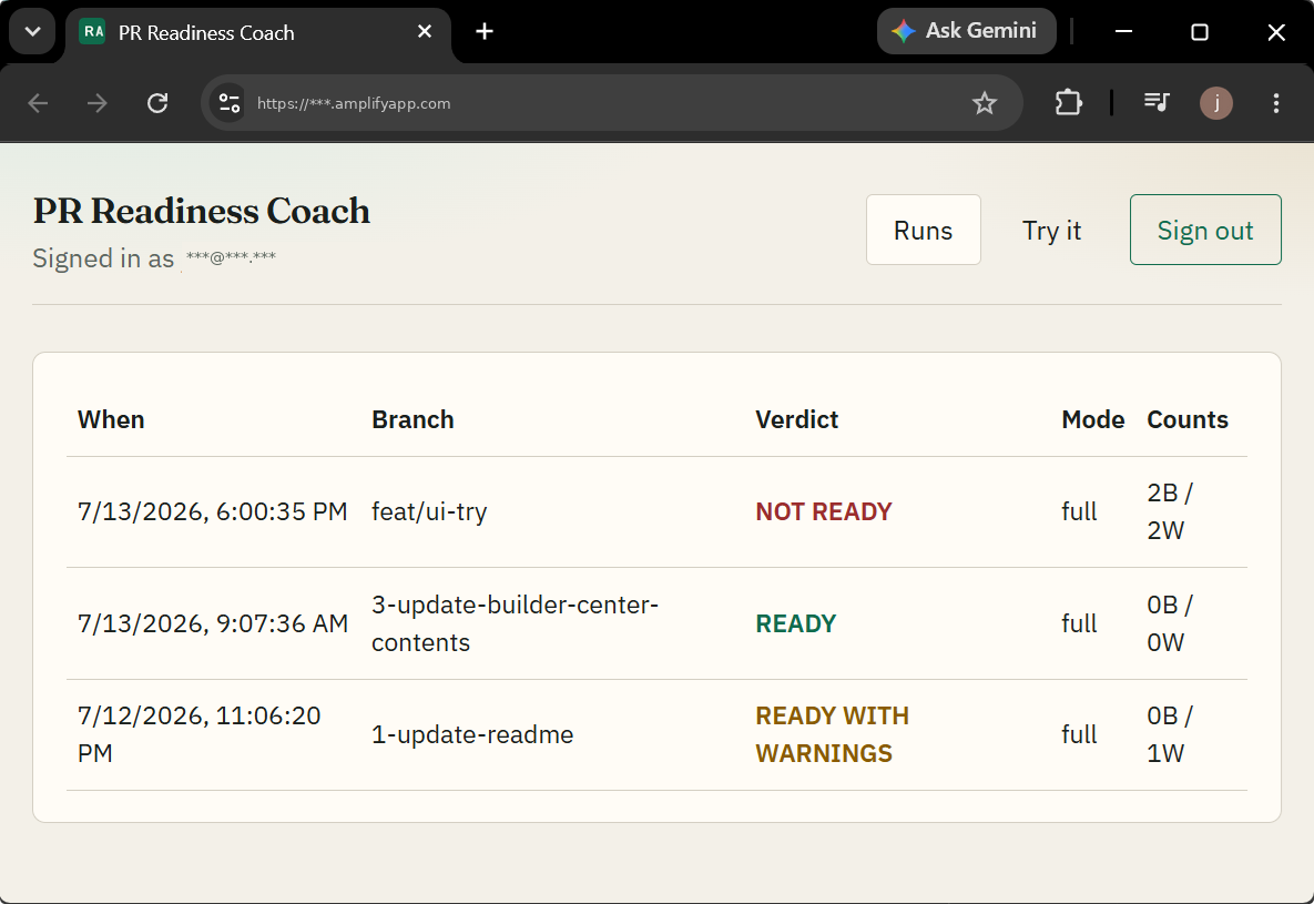 Amplify owner UI runs list showing mixed readiness verdicts