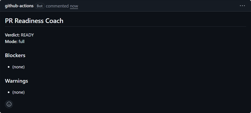 GitHub Actions PR comment showing READY verdict