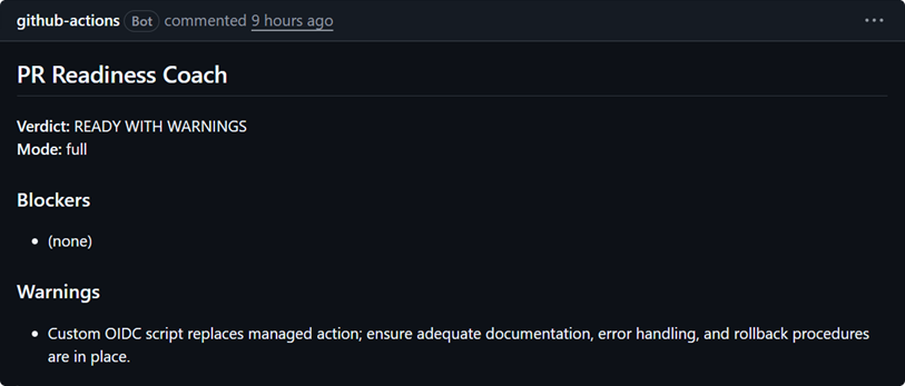GitHub Actions PR comment showing READY WITH WARNINGS