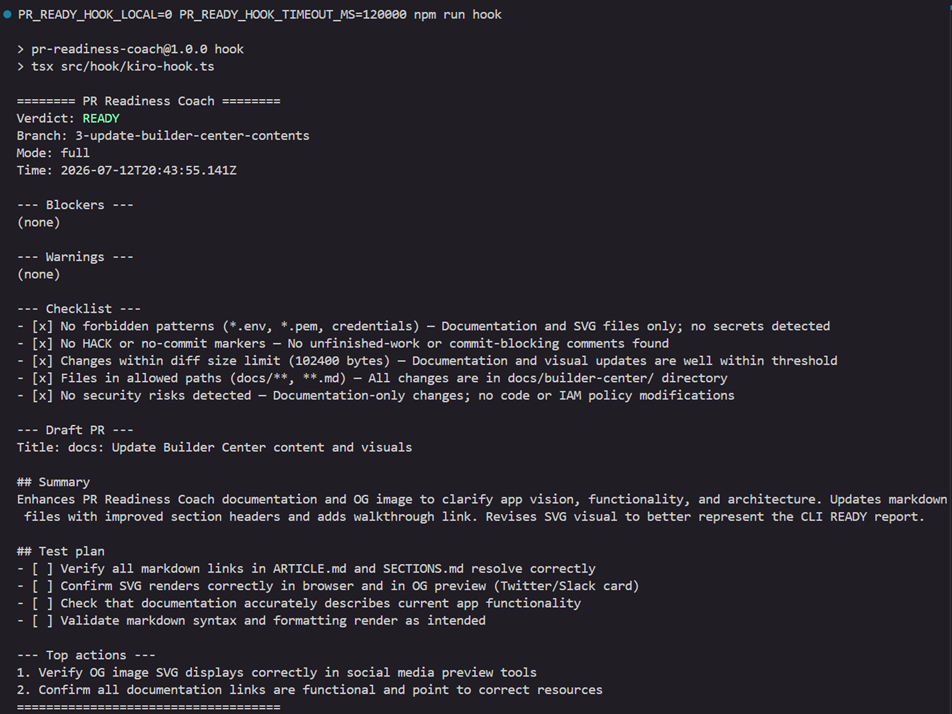 Kiro or CLI full-mode hook run showing READY verdict