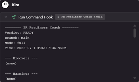 Kiro Agent Hooks panel listing PR Readiness Coach hooks